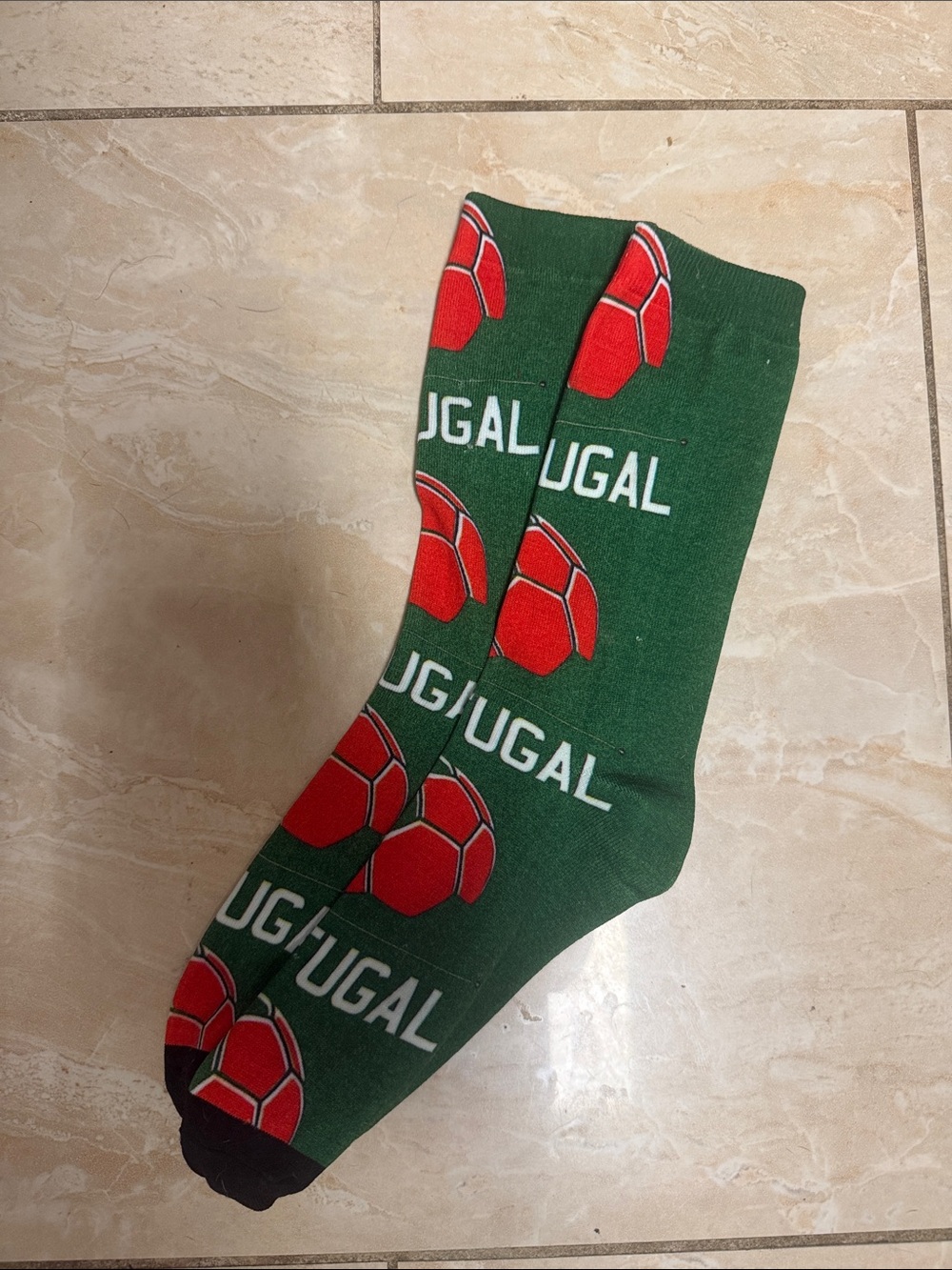 Portugal-Themed Green Crew Socks with Red Soccer Ball Motif